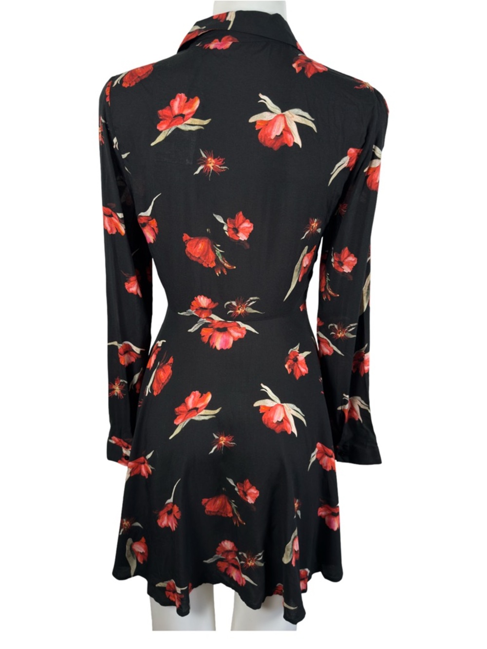 Zara Dolly Black & Red Poppies Dress Fit and Flare Long Sleeve Shirt Dress XS - Picture 5 of 12